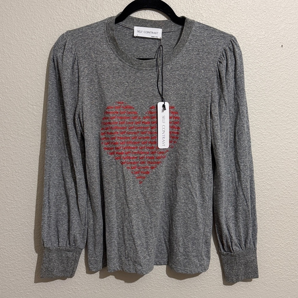 Anthropologie Self Contrast Heather Gray Long Sleeve Top Red Heart Design